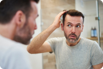 Man concerned about hair loss due to iron deficiency.