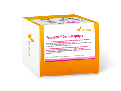 Packaging of the PreventID Dermatophyte rapid test for the detection of nail fungus as a diagnostic aid for tinea unguium.